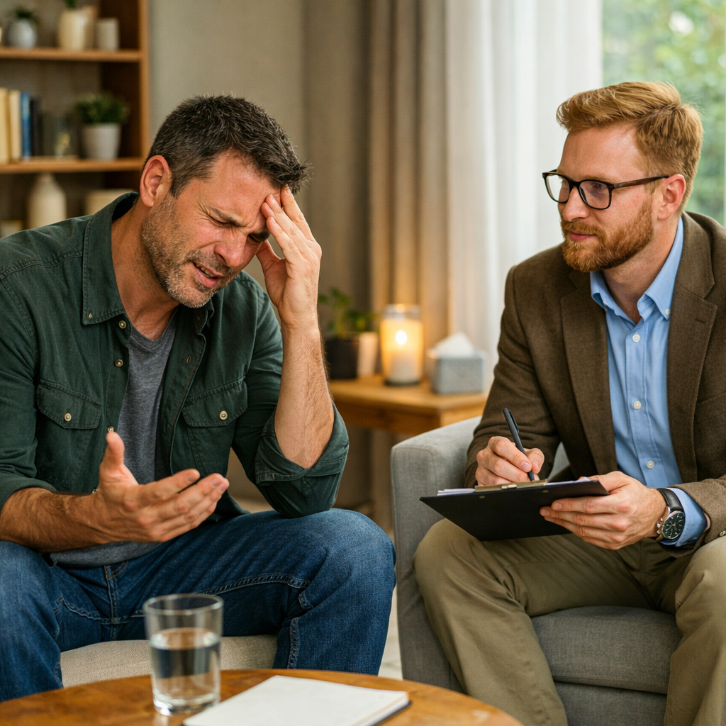 40 year old male talking to the 35 year old male white therapist about their health issues in a serene therapy room Make the therapist and the client-4