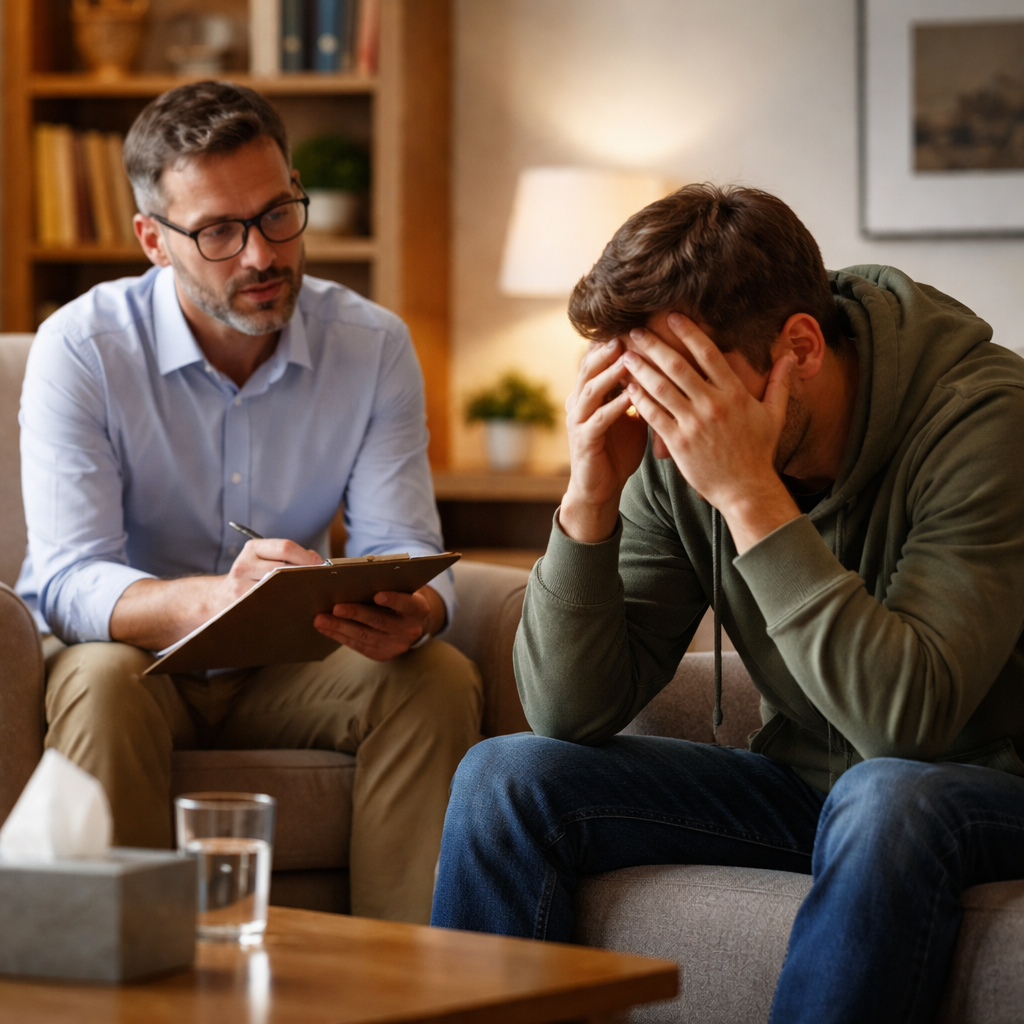 A patient suffering from Trauma and PTSD in the male therapists office Make sure the image is less than 70kb