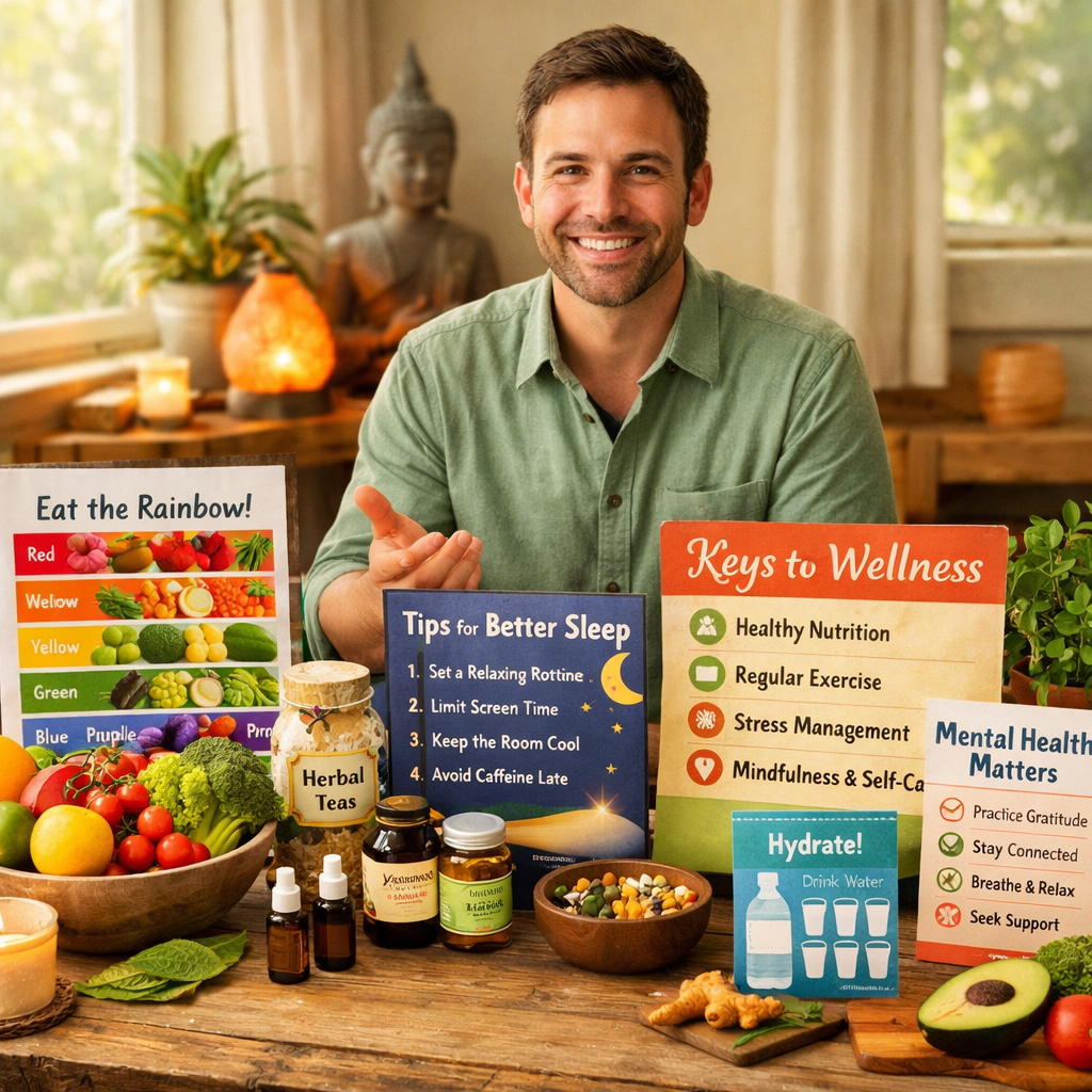 In a serene therapy room bathed in soft morning light a diverse array of health and wellness information is arranged on a rustic wooden table A knowle-Mar-17-2026-12-26-46-6639-PM