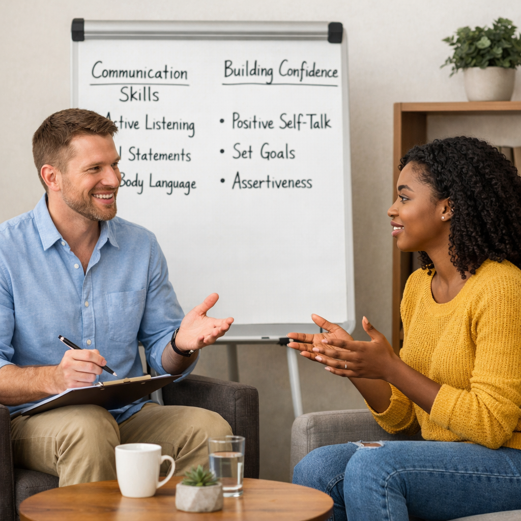 Male 35 year old white therapist teaching communication and self confidence building skills to a 25 year old black female