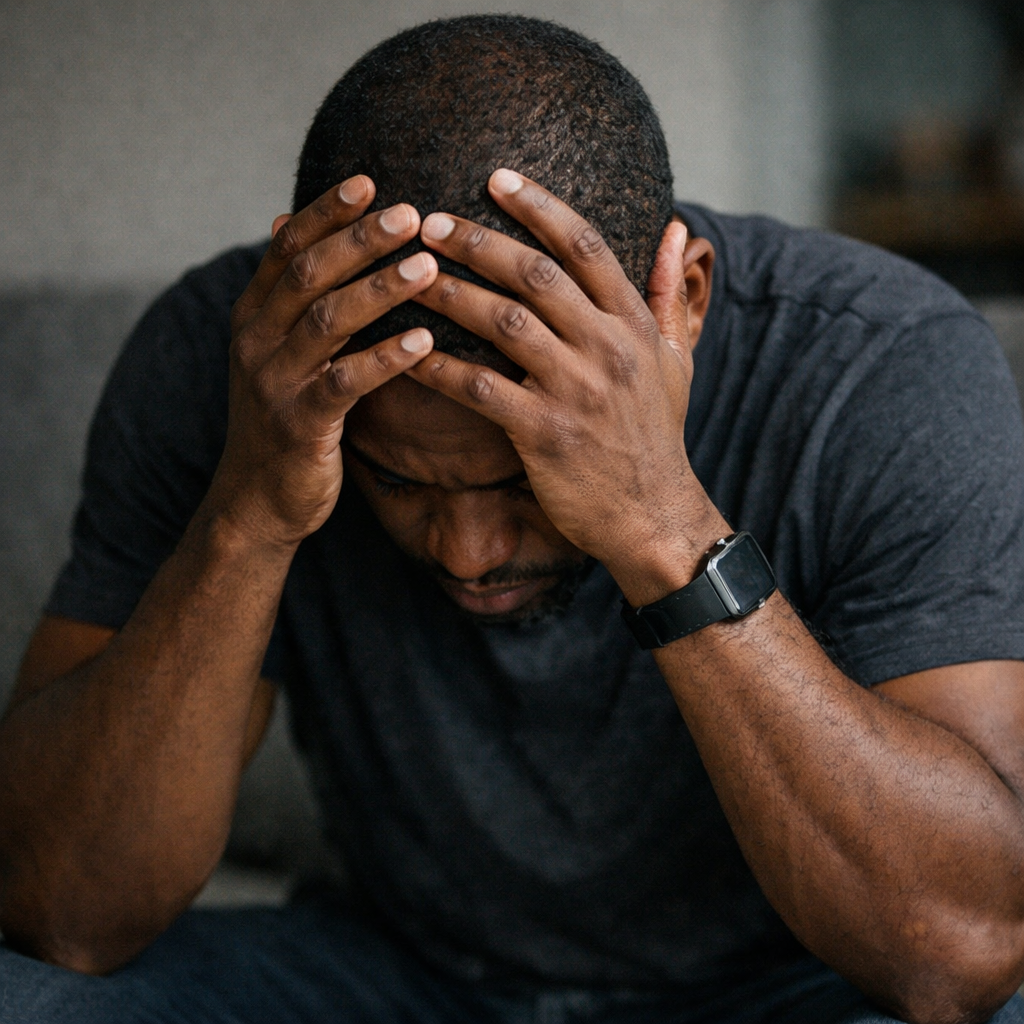 a black 35 year old male with his head in his hands looking deflated and depressed-1