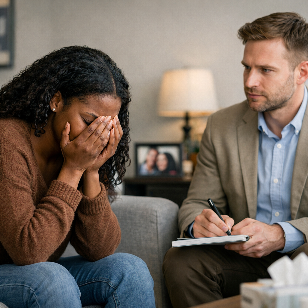 black female devistated by her break up with her partner infront of white 35 year old male therapist