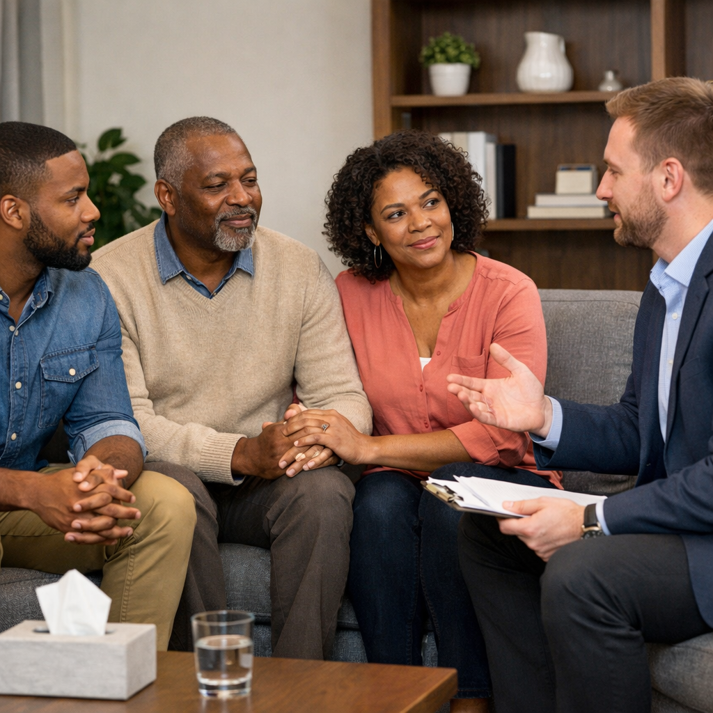 family counselling with black adult children and their 65 year old black parents with a male 35 year old therapist white-1