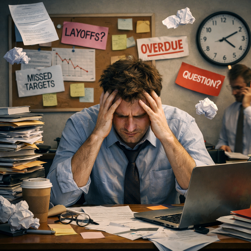 show a struggling person at work struggling with career and work related difficulties