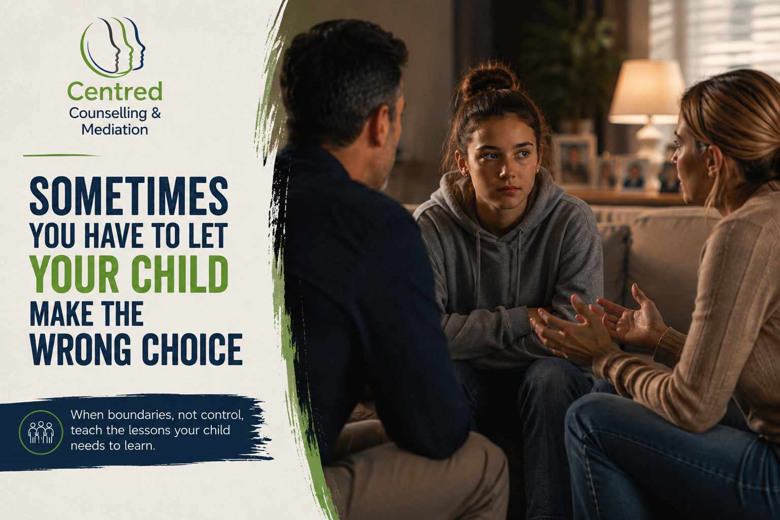 Adolescent therapy session with a counsellor discussing healthy relationship boundaries and parental guidance.